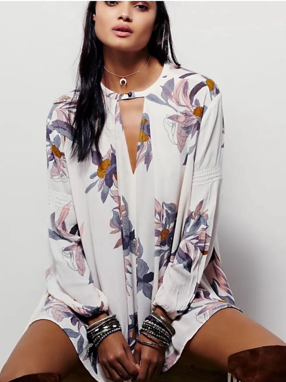 Free People Tree Swing Tunic Floral Boho Oversized Top Pearl Combo S